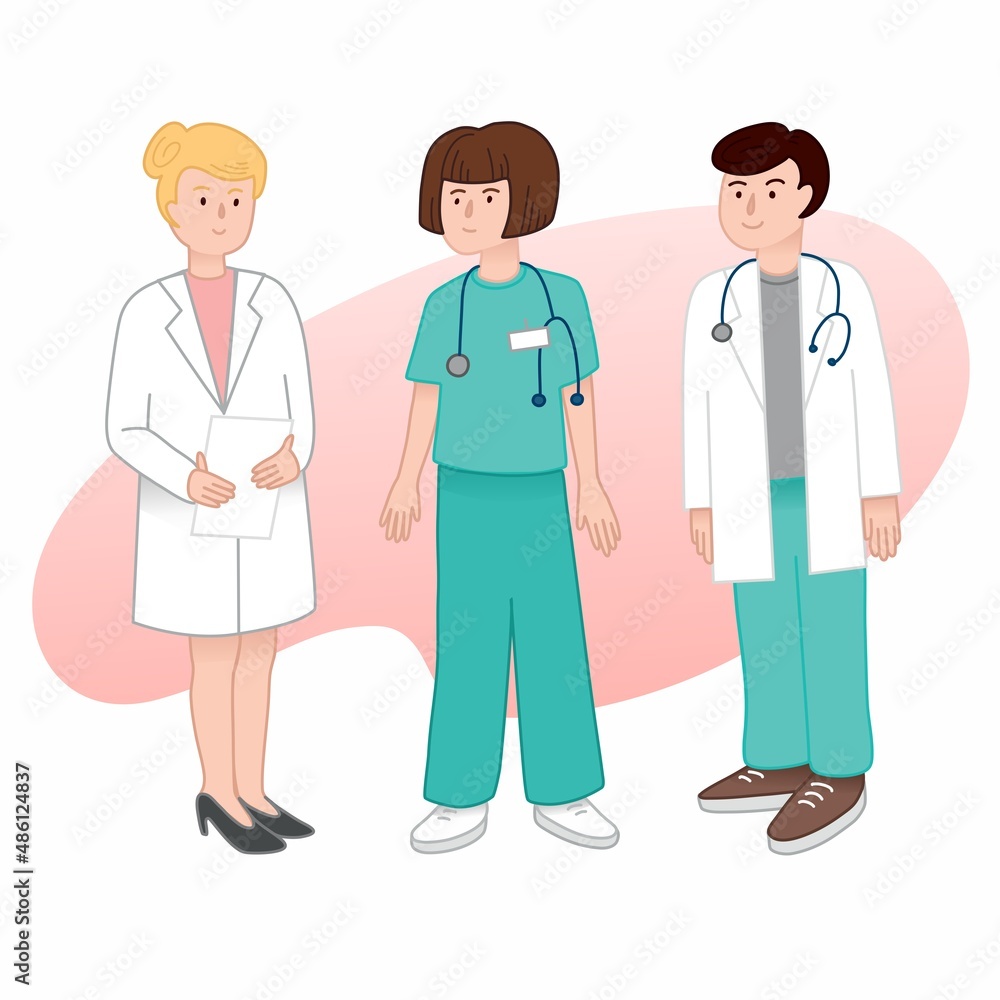 Vector illustration of a group of medical workers on a white background in a flat style. Doctors and nurses, men and women in uniform. Vector illustration of a group of medical workers on a white background in a flat style. Doctors and nurses, men and women in uniform.