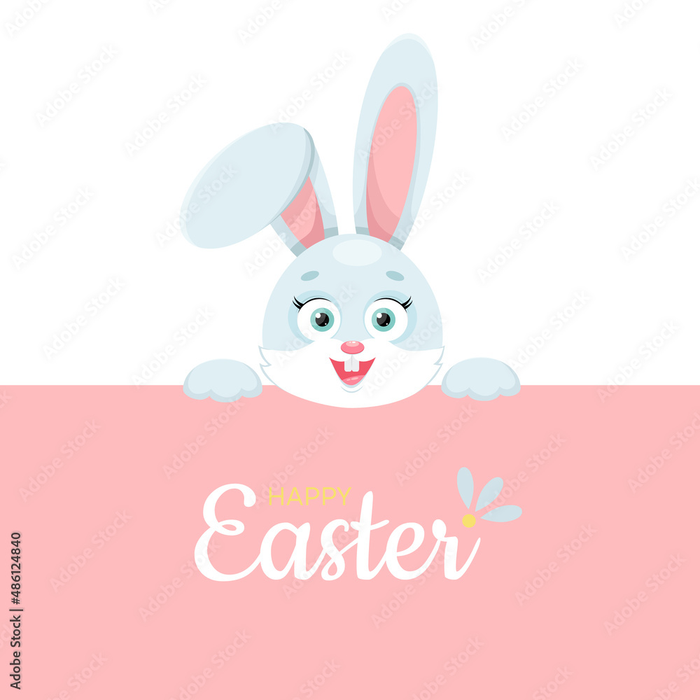 Easter Bunny. Easter card with rabbit, Happy Easter inscription. Cute character, little animal. Copy space. Pink and white background. Holiday banner, flyer, leaflet, advertising. Vector illustration Easter Bunny. Easter card with rabbit, Happy Easter inscription. Cute character, little animal. Copy space. Pink and white background. Holiday banner, flyer, leaflet, advertising. Vector illustration
