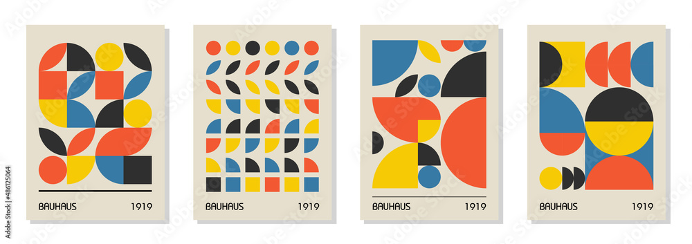 Set of 4 minimal vintage 20s geometric design posters, wall art, template, layout with primitive shapes elements. Bauhaus retro pattern background, vector abstract circle, triangle and square line art - obrazy, fototapety, plakaty 