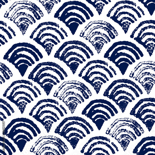 Blue seamless pattern in japanese style. Traditional vector art background. Hand drawn stamp geometric ornament