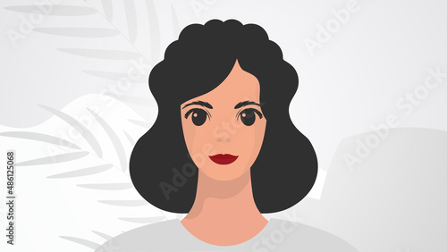Banner with a woman close-up. Strong girl on, front view. Flat cartoon style.