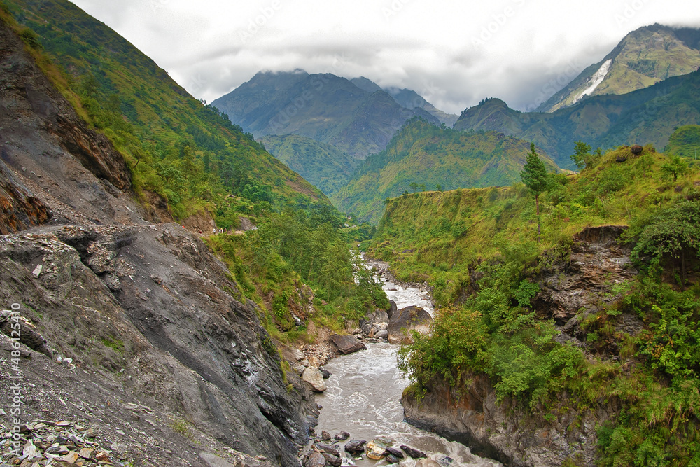 Kali Gandaki river and road in Himalayan mountains in Nepal