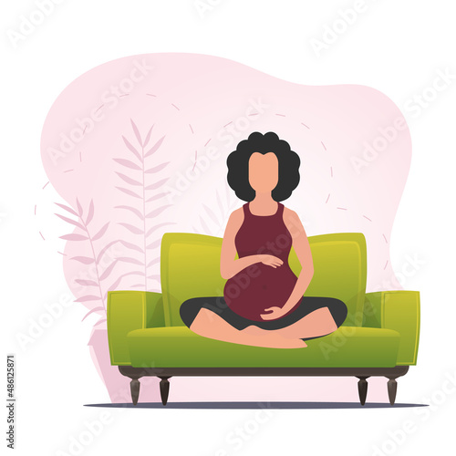 Pregnant woman in the lotus position. Pregnant woman practicing yoga. Vector flat illustration.