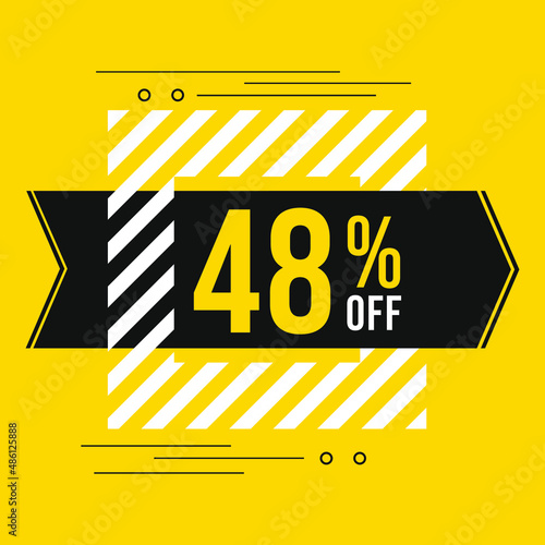 48% off sale. Discount price. Discounted special offer announcement. Black, yellow and white color conceptual banner for promotions and offers with 48 percent off.