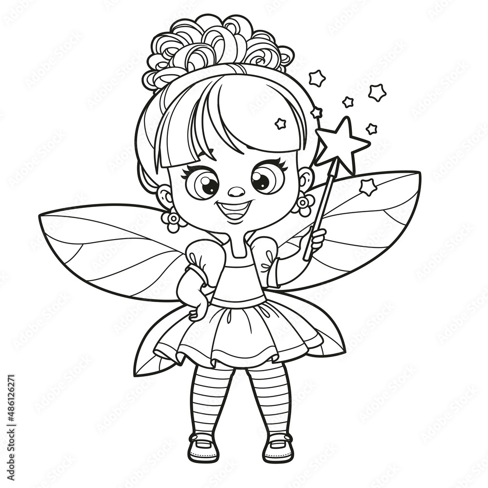 Cute cartoon little fairy with a magic wand outlined for coloring on white background Cute cartoon little fairy with a magic wand outlined for coloring on white background