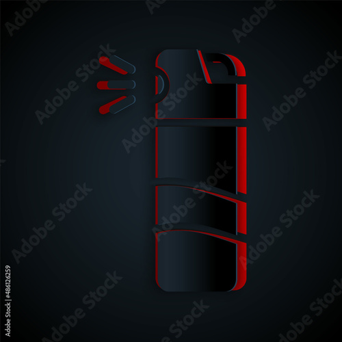 Paper cut Pepper spray icon isolated on black background. OC gas. Capsicum self defense aerosol. Paper art style. Vector