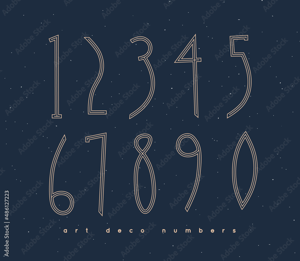 Set of art deco numbers drawing in vintage style on blue background - obrazy, fototapety, plakaty 