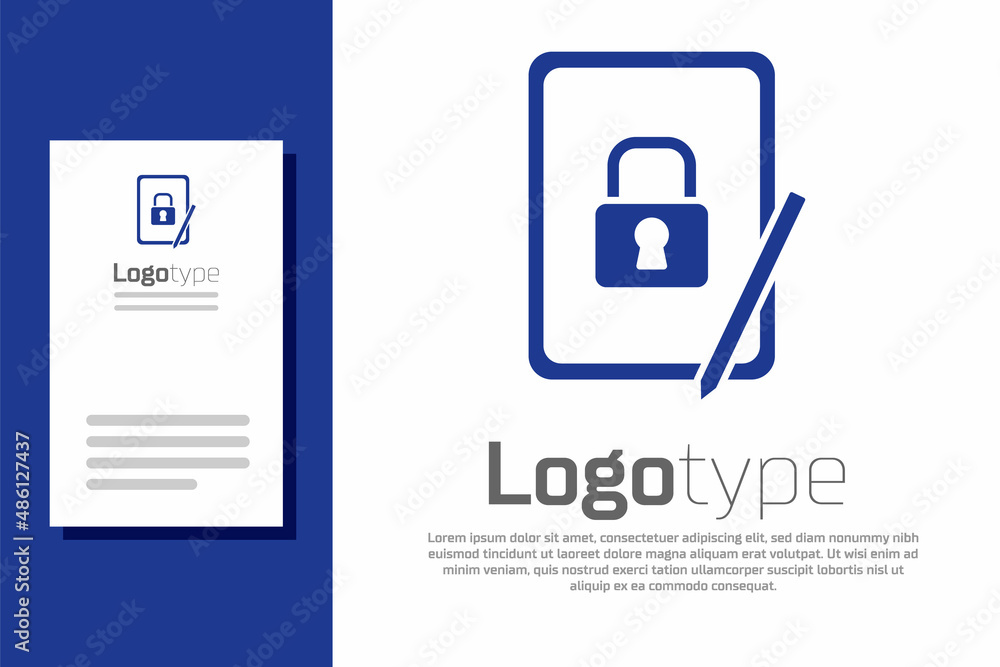 Blue Graphic tablet with closed padlock icon isolated on white background. Phone with lock. Mobile security, safety, protection concept. Logo design template element. Vector Blue Graphic tablet with closed padlock icon isolated on white background. Phone with lock. Mobile security, safety, protection concept. Logo design template element. Vector