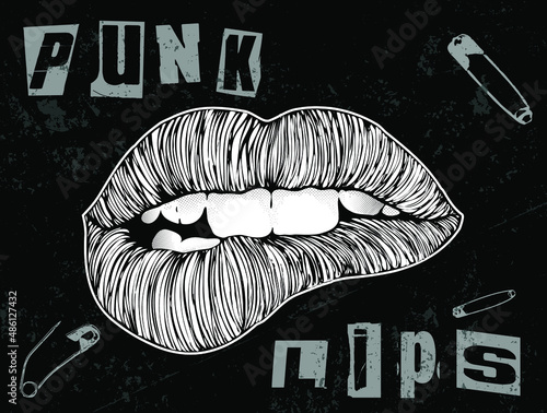 Vector Punk Lips. Hand drawn bitten lips in the style of Punk flyers and posters on black background.