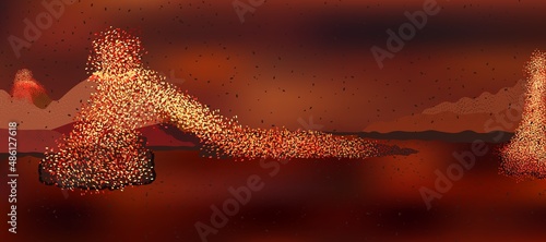 Apocalypse. Apocalyptic scene, erupting volcanos, Hot lava flowing down the slope. Sky covered in smoke. Volcanic ashes in the air.