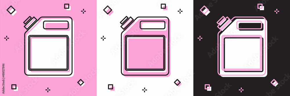 Set Canister for gasoline icon isolated on pink and white, black background. Diesel gas icon. Vector Set Canister for gasoline icon isolated on pink and white, black background. Diesel gas icon. Vector
