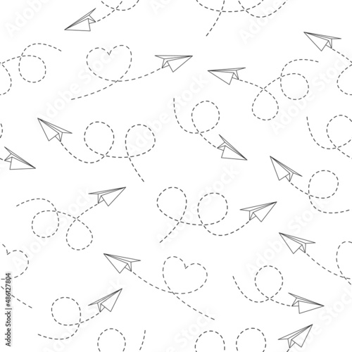 Seamless pattern with paper line airplanes. Sending message black linear fold planes with dotted routes. Vector isolated on white.