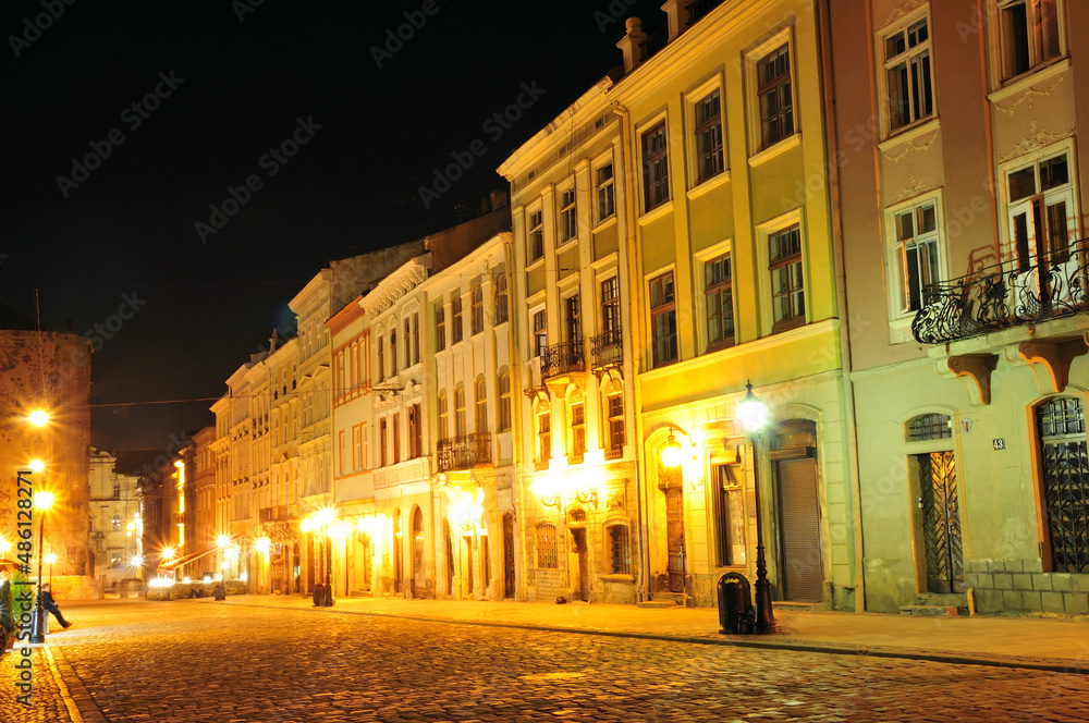 The ancient city of Lviv at night