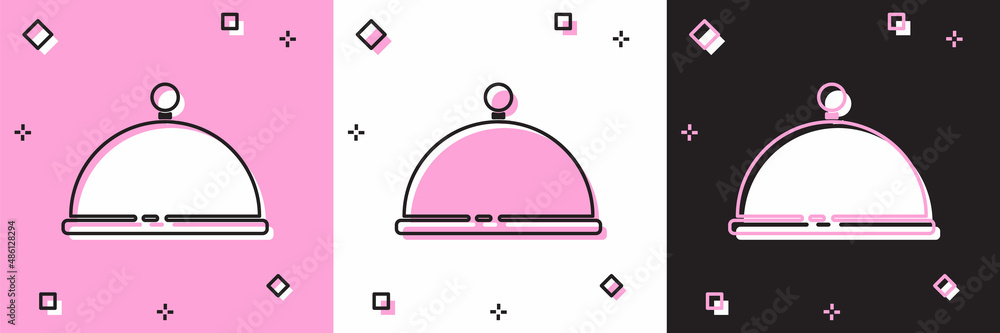 Set Covered with a tray of food icon isolated on pink and white, black background. Tray and lid. Restaurant cloche with lid. Kitchenware symbol. Vector Set Covered with a tray of food icon isolated on pink and white, black background. Tray and lid. Restaurant cloche with lid. Kitchenware symbol. Vector