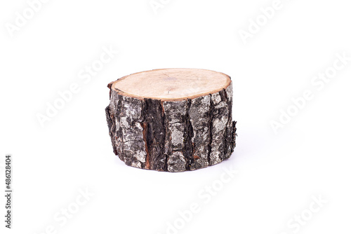 Empty round wooden podium for product presentation isolated on white background. Mockup concept.