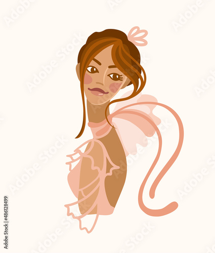 Beautiful girl in a light dress with a bow on her back. Fashion and beauty industria. Vector illustration.