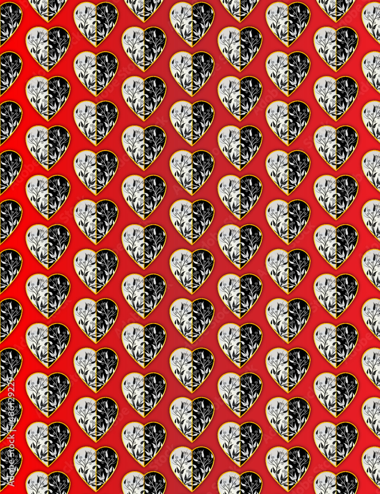 Pattern design vector of decorative black white hearts with floral frame ornament on red gradient color Pattern design vector of decorative black white hearts with floral frame ornament on red gradient color