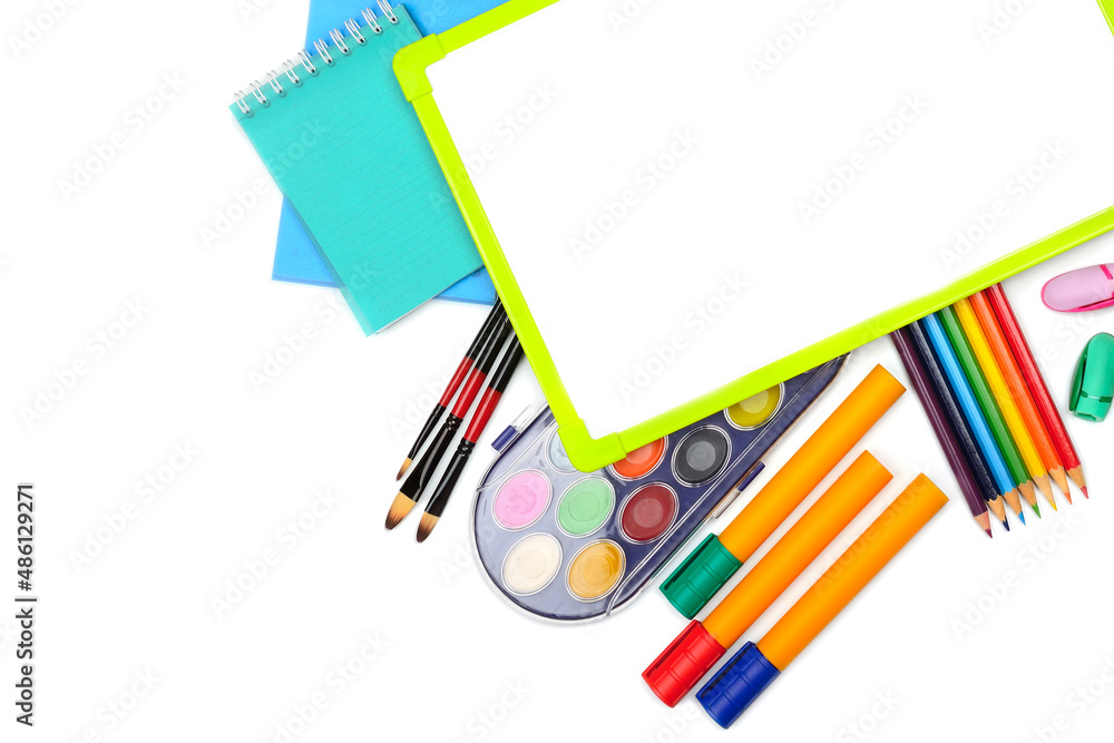 Fototapeta premium Set of school and office supplies isolated on white background. Free space for text.