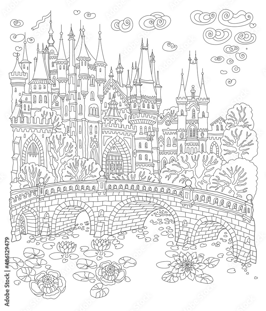 Fantasy landscape. Fairy tale medieval castle, stone bridge, lake, water lily flowers. Coloring book page for adults and children. Black and White doodle sketch