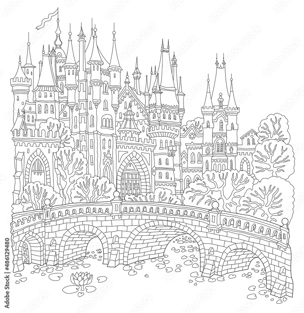 Fantasy landscape. Fairy tale medieval castle, stone bridge, lake, water plant, lotus flower. Coloring book page for adults and children. Black and White doodle sketch