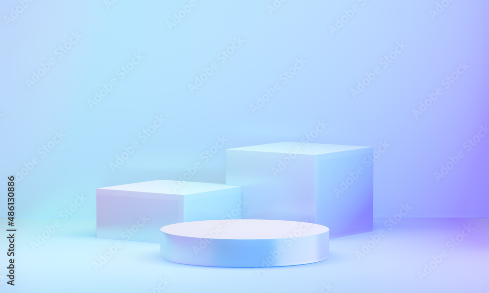 Two cube cylinder Hologram color podium display background with cloud clean wall in purple theme. 3D illustration rendering. Two cube cylinder Hologram color podium display background with cloud clean wall in purple theme. 3D illustration rendering.