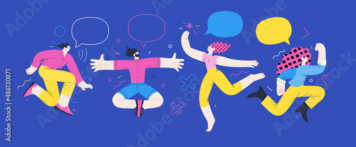 Happiness - happy young man and woman jumping in the air cheerfully. Modern flat vector concept illustration of a happy jumping and dancing person. Feeling and emotion concept.