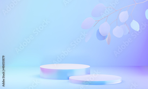 Two Hologram color podium cylinder display background with leaf clean wall. 3D illustration rendering.