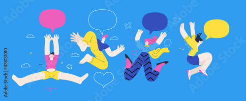 Happiness - happy young man and woman jumping in the air cheerfully. Modern flat vector concept illustration of a happy jumping and dancing person. Feeling and emotion concept.
