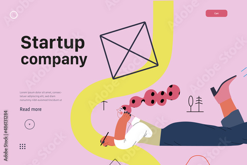 Startup illustration, website landing template Flat line vector modern concept illustration, startup metaphor. Concept of building new business, strategy, company processes. Business model design