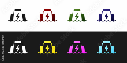 Set Hydroelectric dam icon isolated on black and white background. Water energy plant. Hydropower. Hydroelectricity. Vector