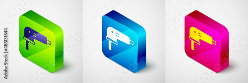 Isometric Electric jigsaw with steel sharp blade icon isolated on grey background. Power tool for woodwork. Square button. Vector