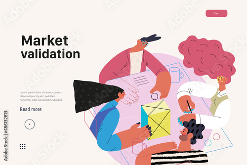 Startup illustration, website landing template Flat line vector modern concept illustration, startup metaphor. Concept of building new business, strategy, company processes. Market validation