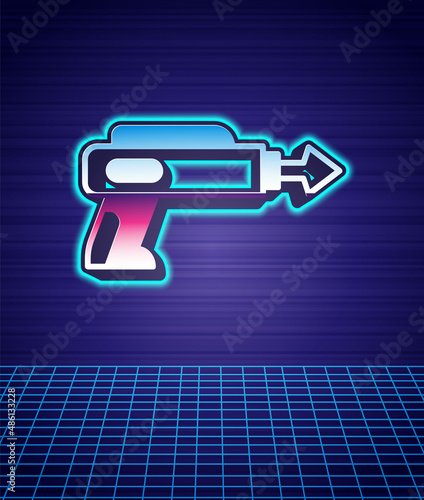 Retro style Fishing harpoon icon isolated futuristic landscape background. Fishery manufacturers for catching fish under water. Diving underwater equipment. 80s fashion party. Vector