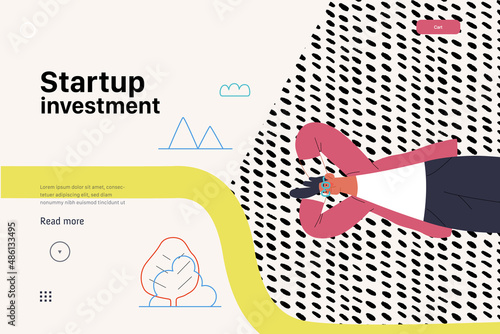 Startup illustration, website landing template Flat line vector modern concept illustration, startup metaphor. Concept of building new business, strategy, company processes. Startup investment