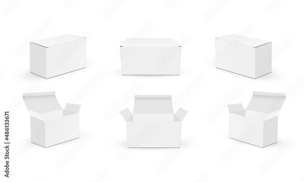 Rectangular Paper Boxes Mockups, Front and Side View, Opened, Closed Lid. Vector Illustration Rectangular Paper Boxes Mockups, Front and Side View, Opened, Closed Lid. Vector Illustration