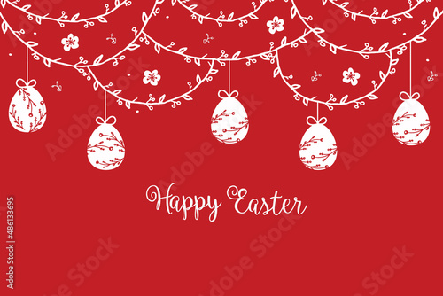  Red easter background with hanging eggs decoration.