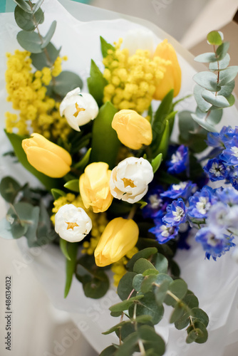 Beautiful spring yellow blue bouquet