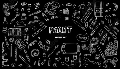 Vector art tools sketch. set hand drawn vector artist s supplies. Doodle graphic tablet, markers and paints. Art background