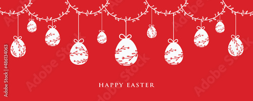 Easter banner with hanging eggs decoration.Vector design of spring holidays. Happy Easter greetings.