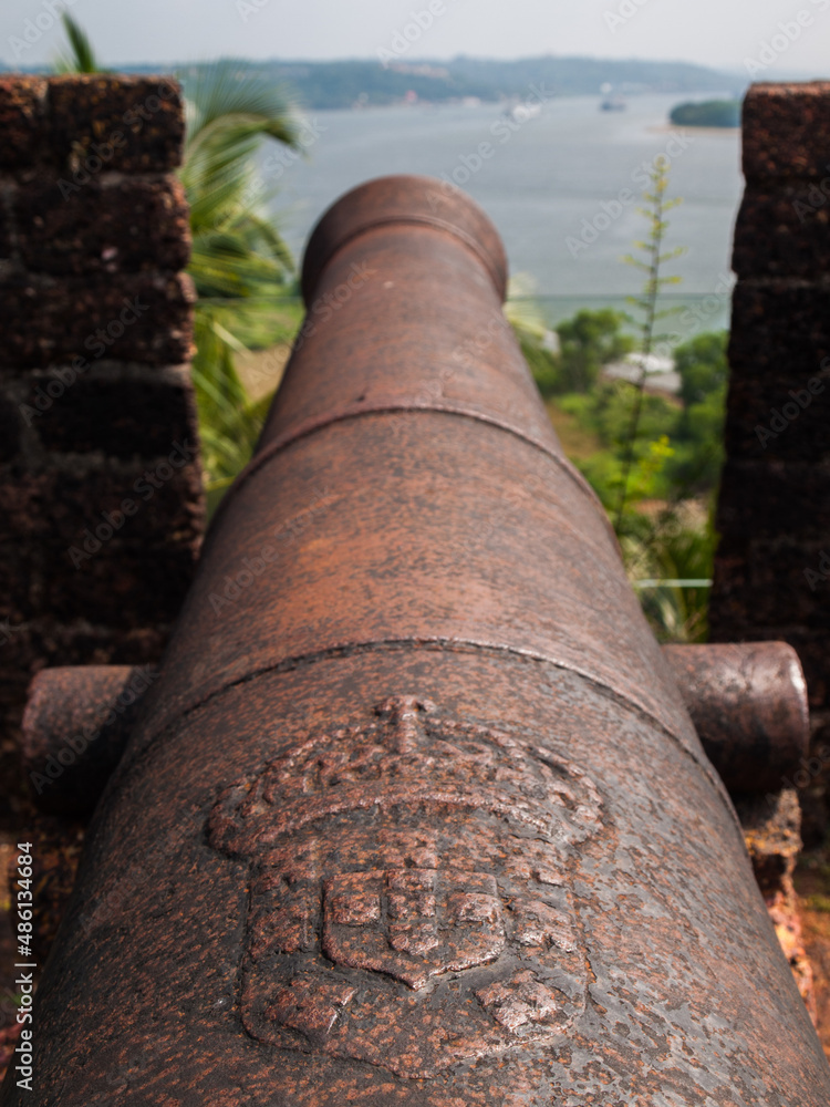 Reis Magos Fort canon with Portuguese blazon Reis Magos Fort canon with Portuguese blazon