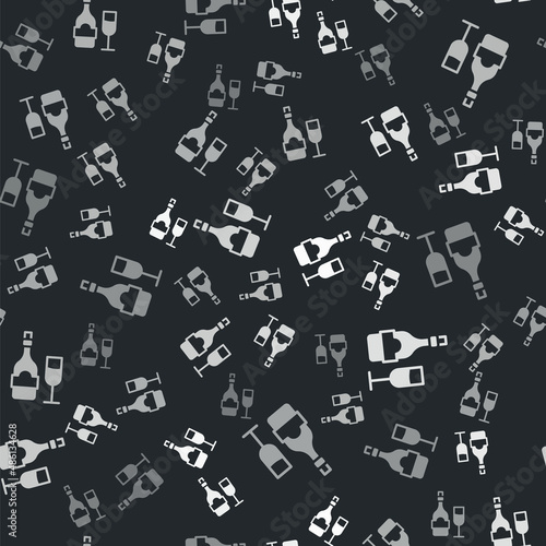 Grey Champagne bottle with glass icon isolated seamless pattern on black background. Vector