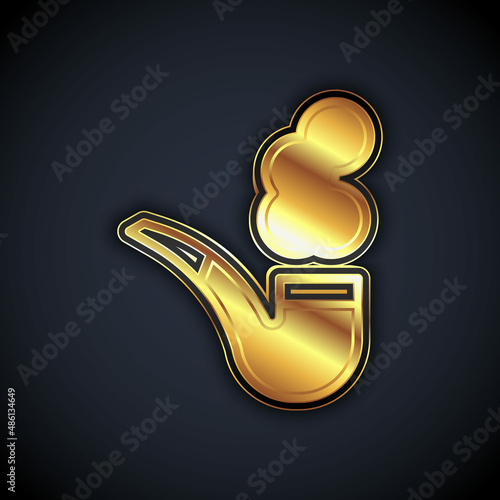 Gold Smoking pipe with smoke icon isolated on black background. Tobacco pipe. Vector