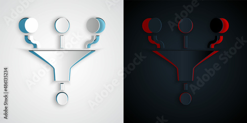 Paper cut Funnel or filter icon isolated on grey and black background. Paper art style. Vector