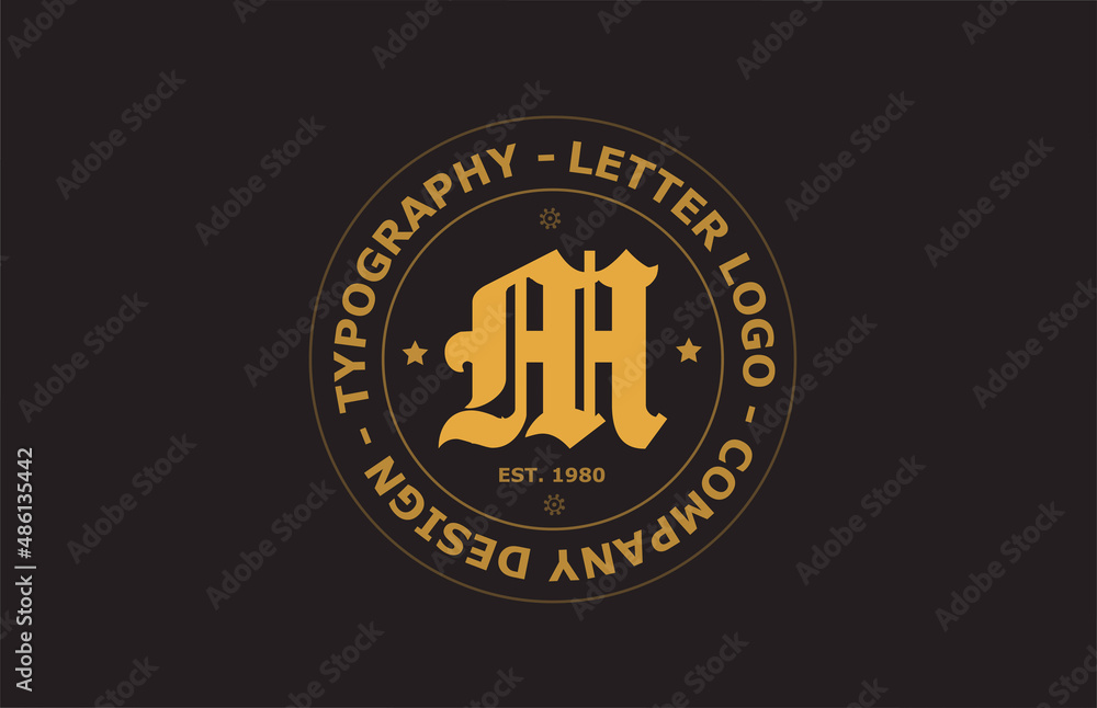 yellow brown M vintage alphabet letter logo icon design. Creative template for badge and label