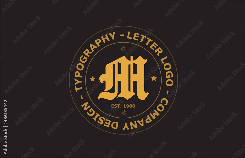Fototapeta premium yellow brown M vintage alphabet letter logo icon design. Creative template for badge and label