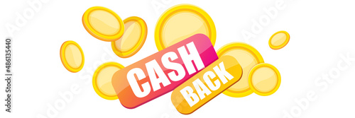 vector cash back horizontal banner design template with cash back icon and coins isolated on white background. cashback or money refund label horizontal banner