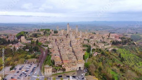 Village of San Gigmignano in Tuscany Italy - aerial photo