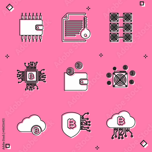 Set Cryptocurrency wallet, Smart contract, Mining farm, CPU mining, and ASIC Miner icon. Vector