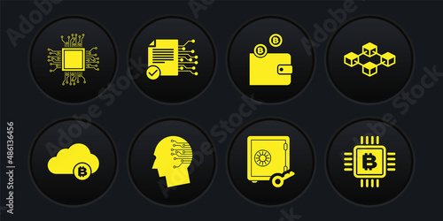 Set Cryptocurrency cloud mining, Blockchain technology, Brain as digital circuit board, Proof of stake, wallet and Smart contract icon. Vector