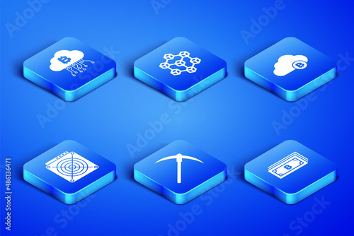 Set Cryptocurrency bitcoin, cloud mining, Pickaxe, ASIC Miner, Blockchain technology and icon. Vector